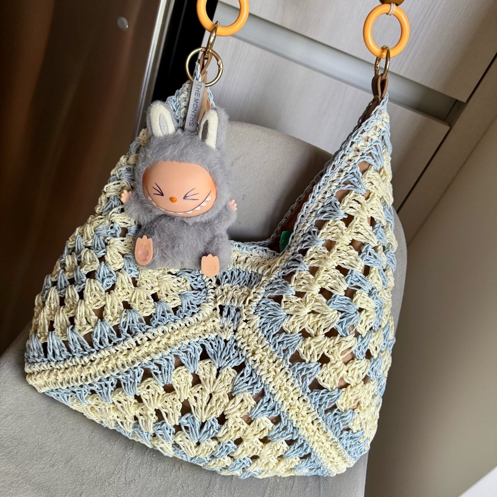 Blue & white straw beach shopping bag with LABUBU charm